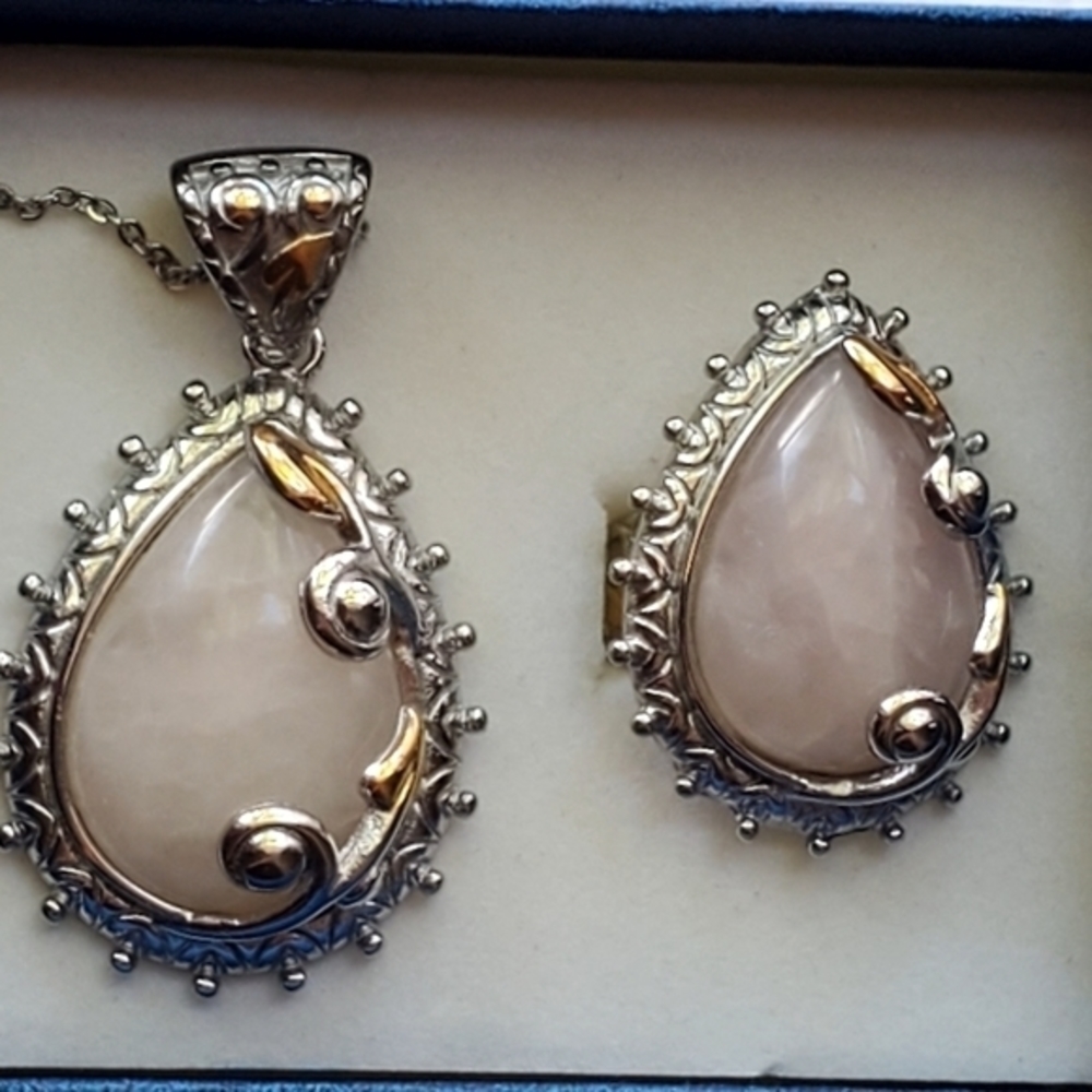 Rose Quartz Look Necklace & Ring 316L Stainless Steel Ring‎ Size 7